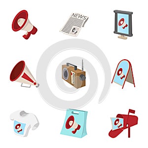Types of advertising icons set, cartoon style