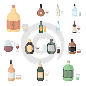 Types of alcohol cartoon icons in set collection for design. Alcohol in bottles vector symbol stock web illustration.