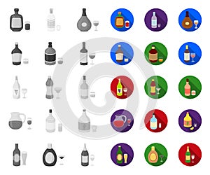 Types of alcohol mono,flat icons in set collection for design. Alcohol in bottles vector symbol stock web illustration.