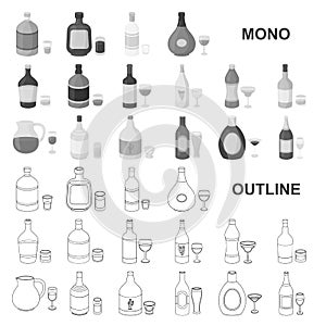 Types of alcohol monochrom icons in set collection for design. Alcohol in bottles vector symbol stock web illustration.