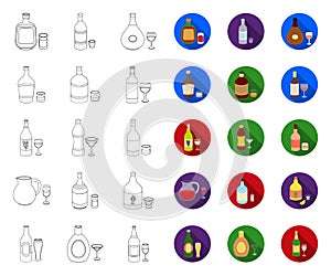 Types of alcohol outline,flat icons in set collection for design. Alcohol in bottles vector symbol stock web