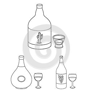 Types of alcohol outline icons in set collection for design. Alcohol in bottles vector symbol stock web illustration.