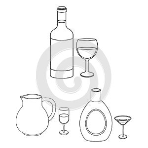 Types of alcohol outline icons in set collection for design. Alcohol in bottles vector symbol stock web illustration.