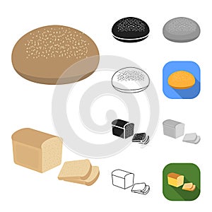 Types of bread cartoon,black,flat,monochrome,outline icons in set collection for design. Bakery products vector symbol