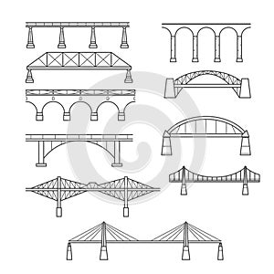 Types of bridges in linear style set - icon of bridges