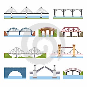 Types of bridges set. Brick, iron, wooden and stone bridges architecture building bridgework elements in flat style. City