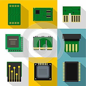 Types of chip icons set, flat style