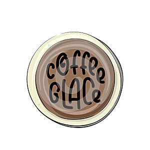 Types of coffee glace - hand drawn lettering illustration in a circle cup