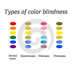 Types of color blindness. Eye color perception. Vector illustration on isolated background photo