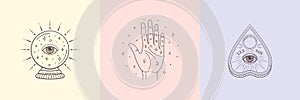 Types of Divination: palmistry, crystal ball, ouija planchette. Witch and magic symbols, monochrome vector illustration