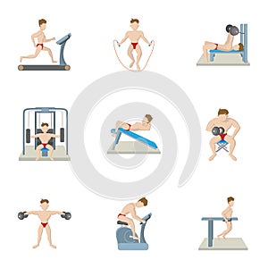 Types of exercises in gym icons set, cartoon style