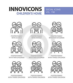 Types of foster families - line design style icons set