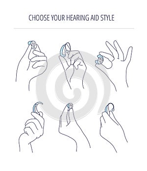 Types of hearing aids for the hearing impaired and the deaf.Hands hold different hearing aid technology.