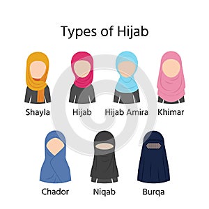 Types of Hijab. Vector illustration. Muslim veils