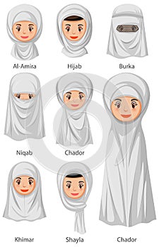 Types of Islamic traditional veils of female in cartoon style
