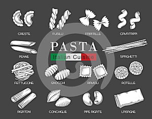 Types Italian pasta glyph white on black