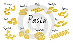 Types of Italian pasta. Vector food bundle. Macaroni illustration set