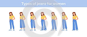 Types of jeans for women flat illustration