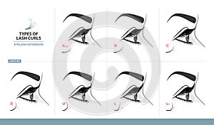 Types of Lash Curls.  Eyelash Extension for Most Attractive Look. Woman Eye with Long Thick Eyelashes. Side View. Macro