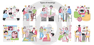 Types of Meetings set. Flat vector illustration.