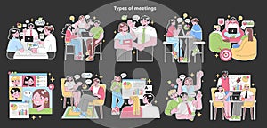 Types of Meetings set. Flat vector illustration.