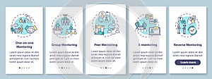 Types of mentoring onboarding mobile app page screen with concepts