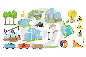 Types of natural resources for producing eco energy. Electricity production industry. Alternative source of power