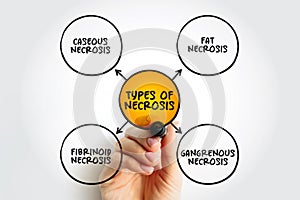Types of Necrosis (death of body tissue) mind map text concept for presentations and reports