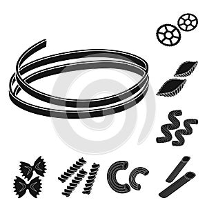 Types of pasta black icons in set collection for design. Figured macaroni for eating vector symbol stock web