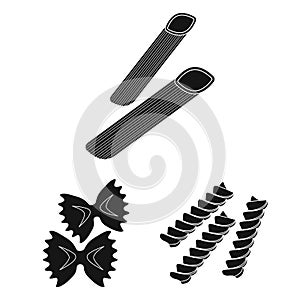 Types of pasta black icons in set collection for design. Figured macaroni for eating vector symbol stock web