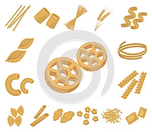 Types of pasta cartoon icons in set collection for design. Figured macaroni for eating vector symbol stock web