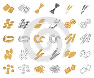 Types of pasta cartoon,outline icons in set collection for design. Figured macaroni for eating vector symbol stock web