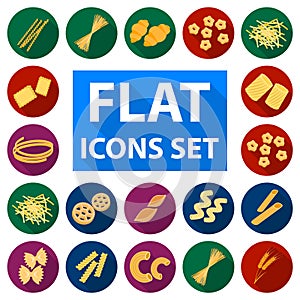 Types of pasta flat icons in set collection for design. Figured macaroni for eating vector symbol stock web illustration