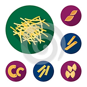 Types of pasta flat icons in set collection for design. Figured macaroni for eating vector symbol stock web illustration