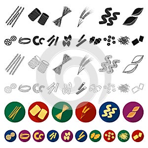 Types of pasta flat icons in set collection for design. Figured macaroni for eating vector symbol stock web illustration