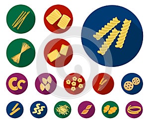 Types of pasta flat icons in set collection for design. Figured macaroni for eating vector symbol stock web illustration