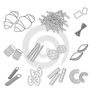 Types of pasta outline icons in set collection for design. Figured macaroni for eating vector symbol stock web