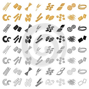 Types of pasta set icons in cartoon style. Big collection of types of pasta vector symbol stock illustration