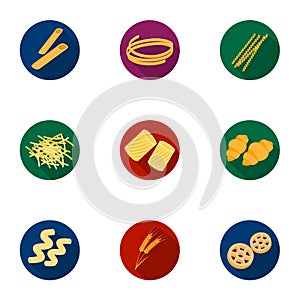 Types of pasta set icons in flat style. Big collection of types of pasta vector symbol stock illustration