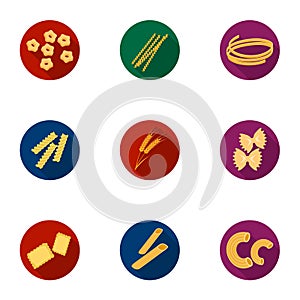 Types of pasta set icons in flat style. Big collection of types of pasta vector symbol stock illustration