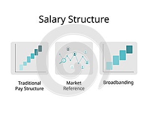 Types of pay structure or salary structure for traditional pay, market reference, broadbanding