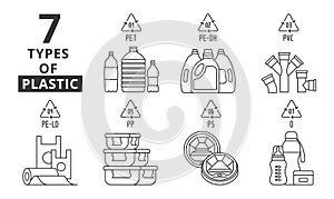 Types of plastic line design. 01 PET, 02 PE-DH, 3 PVC, 4 PE-LD, 5 PP, 6 PS, 7 O, material Resin code Illustration icon