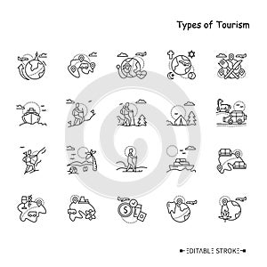 Types of rest and tourism line icons set. Editable