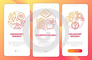 Types of scientific research onboarding mobile app page screen with concepts