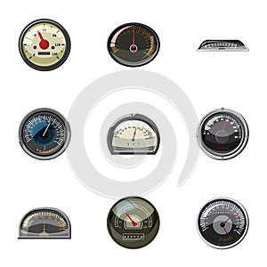 Types of speedometers icons set, cartoon style