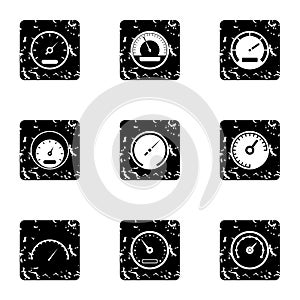 Types of speedometers icons set, grunge style