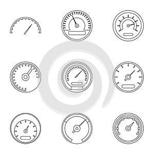 Types of speedometers icons set, outline style