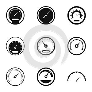 Types of speedometers icons set, simple style