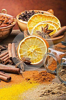 Types of spices, colors and flavors. Still life