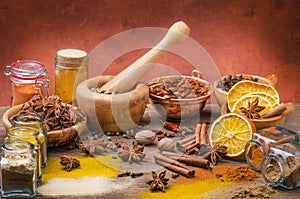 Types of spices, colors and flavors. Still life